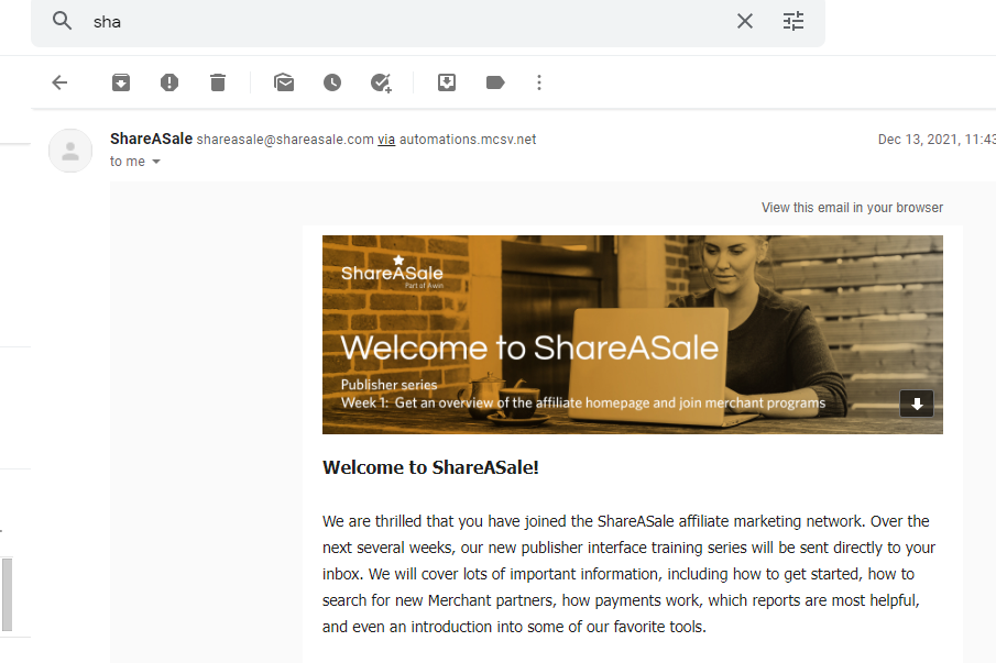 an example approved message after joining ShareASale affiliate program