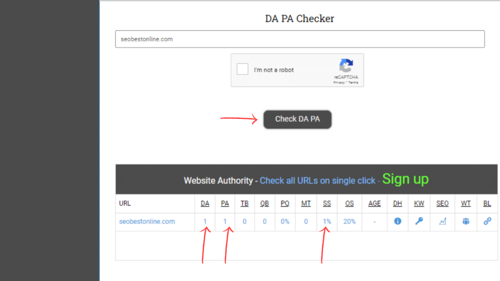 Check the Domain Name Authority using Website SEO Checker