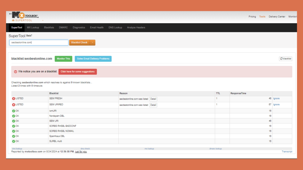 checking if a domain name is Blacklisted on mxtoolbox